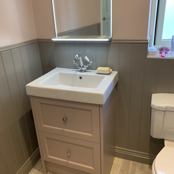 En-Suite Shower room : Utopia Roseberry vanity with T&G panels completed.